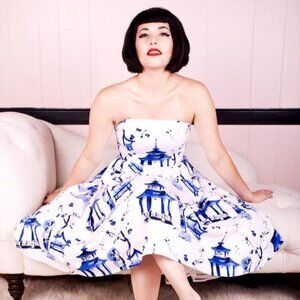 Kenley Collins Pagoda chinoiserie Blue White Print fit flare dress pin up retro
